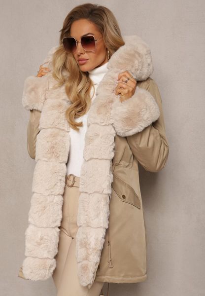 Beżowa Kurtka Parka z Paskiem w Talii i Kapturem z Futerkiem Hizontia. Brązowe kurtki Renee, l, bez wzorów, z jeansu. Za 289.99 zł.