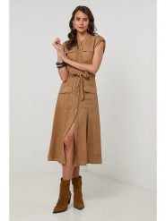 Lin Passion Lniana sukienka w kolorze jasnobrązowym rozmiar: 40/42. Brązowe sukienki Lin Passion, na co dzień, bez wzorów, ze lnu, klasyczne, bez kołnierzyka, bez ramiączek, midi, proste. Za 173.99 zł.