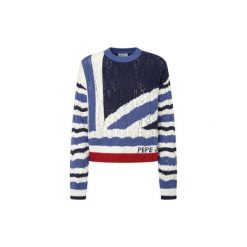 Sweter damski Pepe Jeans Harlow. Białe swetry Pepe Jeans, na zimę, bez wzorów, z jeansu, bez ramiączek. W wyprzedaży za 295.20 zł.