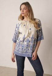 Niebieska Bluzka z Wiskozy z Kwiatowym Wzorem Wiązaniem i Frędzlami Hawnalue. Niebieskie bluzki Born2be, l, bez wzorów, z wiskozy, biznesowe, bez kołnierzyka, bez ramiączek. Za 59.99 zł.