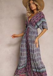 Fioletowo-Niebieska Sukienka w Stylu Etnicznym z Gumką w Pasie Wiązana na Plecach Lixara. Fioletowe sukienki Renee, l, bez wzorów, boho, bez kołnierzyka, bez ramiączek, maxi, oversize. Za 89.99 zł.