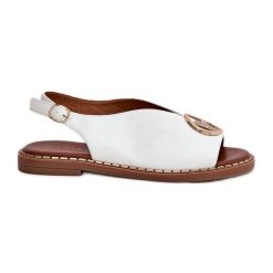 Płaskie Eleganckie Sandały Z Ozdobą Białe. Białe sandały z aplikacjami, ze skóry, eleganckie, bez obcasa, na płaskiej podeszwie, bez zapięcia. Za 160.24 zł.