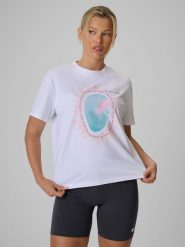 4F T-shirt loose z nadrukiem damski - biały S. Białe t-shirty 4f, s, bez wzorów, z bawełny, bez kołnierzyka, bez ramiączek. Za 69.99 zł.