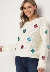 Jasnobeżowy Sweter z Tłoczonej Dzianiny z Wiskozą Zdobiony Cekinowymi Kwiatami Edamara. Brązowe swetry Born2be, l, z aplikacjami, z dzianiny, bez ramiączek. Za 89.99 zł.