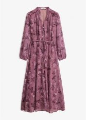 Sukienka szyfonowa midi. Fioletowe sukienki bonprix, bez wzorów, z szyfonu, eleganckie, bez kołnierzyka, bez ramiączek, midi. Za 189.99 zł.