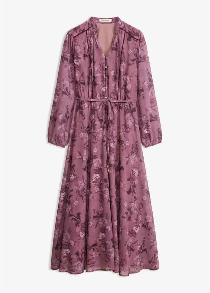 Sukienka szyfonowa midi. Fioletowe sukienki bonprix, bez wzorów, z szyfonu, eleganckie, bez kołnierzyka, bez ramiączek, midi. Za 189.99 zł.