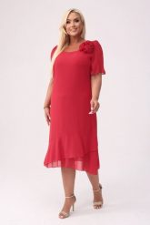 Elegancka szyfonowa czerwona sukienka Maria z falbankami na wesele PLUS SIZE XXL. Czerwone sukienki Moda Size Plus Iwanek, na imprezę, na lato, plus size, z aplikacjami, z elastanu, eleganckie, bez kołnierzyka, plus size, bez ramiączek, midi. Za 359.90 zł.