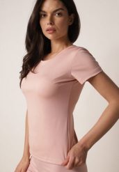 Różowy Gładki T-shirt o Klasycznym Kroju Lycoris. Czerwone t-shirty Born2be, l, bez wzorów, z jeansu, bez kołnierzyka, bez ramiączek. Za 29.99 zł.