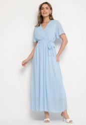 Niebieska Brokatowa Sukienka Koktajlowa Ozdobiona Paskiem Ziliane. Niebieskie sukienki Born2be, na imprezę, s, z aplikacjami, eleganckie, bez kołnierzyka, bez ramiączek, maxi. Za 119.99 zł.