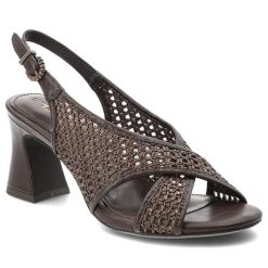 Sandały damskie Tamaris, cholewka ze skóry ekologicznej i materiału tekstylnego plecionego z krzyżującymi się paskami na stabilnym obcasie, brązowe,. Brązowe sandały Tamaris, bez wzorów, ze skóry ekologicznej, bez obcasa, na obcasie, bez zapięcia. Za 289.00 zł.