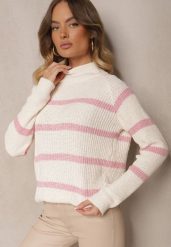 Beżowo-Różowy Sweter w Poziome Pasy z Domieszką Wiskozy Tintarina. Czerwone swetry Renee, uniwersalny, bez wzorów, z jeansu, bez ramiączek. Za 59.99 zł.