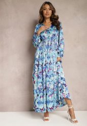 Granatowa Satynowa Sukienka Maxi Taliowana w Abstrakcyjny Wzór Arcadina. Niebieskie sukienki Renee, l, bez wzorów, z satyny, bez kołnierzyka, bez ramiączek, maxi. Za 129.99 zł.