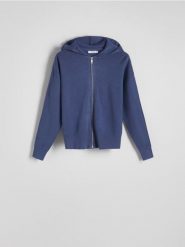 Rozpinany sweter z kapturem - granatowy. Niebieskie kardigany Reserved, l, bez wzorów, z wiskozy. W wyprzedaży za 99.99 zł.