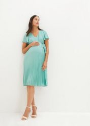 Sukienka ciążowa z delikatnej żorżety. Zielone sukienki bonprix, bez wzorów, eleganckie, bez kołnierzyka, moda ciążowa, bez ramiączek. Za 269.99 zł.