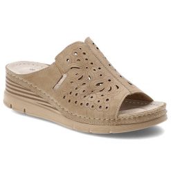 Klapki damskie Vinceza, cholewka ze skóry ekologicznej ażurowy wzór na koturnie, beżowe, 85214. Brązowe klapki VINCEZA, w ażurowe wzory, z materiału, bez obcasa, na koturnie. Za 98.90 zł.