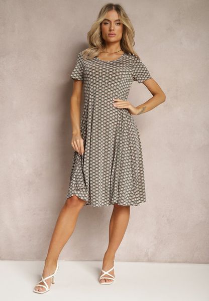 Zielono-Beżowa Wiskozowa Sukienka o Rozkloszowanym Fasonie Ibelia. Zielone sukienki Renee, l, bez wzorów, z wiskozy, bez kołnierzyka, bez ramiączek, midi, rozkloszowane. Za 54.99 zł.