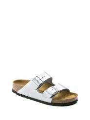 Birkenstock Klapki "Arizona" w kolorze srebrnym rozmiar: 40. Szare klapki Birkenstock, bez wzorów, z otwartym noskiem, bez obcasa. Za 356.61 zł.