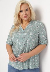 Miętowa Bluzka Koszulowa w Kwiaty z Wiskozowej Tkaniny Railen. Zielone bluzki Born2be, l, bez wzorów, z tkaniny, bez kołnierzyka, plus size, bez ramiączek. W wyprzedaży za 43.99 zł.