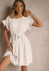 Jasnobeżowa Sukienka z Paskiem i Falbankami przy Rękawach Folunelle. Brązowe sukienki Renee, na co dzień, bez wzorów, eleganckie, bez kołnierzyka, bez ramiączek, mini. Za 59.99 zł.