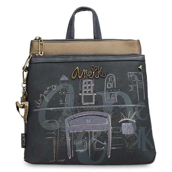 Granatowy Elegancki Damski Plecak Anekke. Niebieskie plecaki Anekke, z aplikacjami, z materiału. Za 399.00 zł.