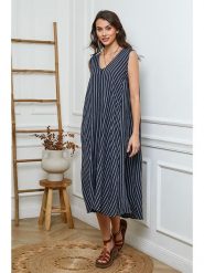 Fleur de Lin Lniana sukienka w kolorze granatowym rozmiar: XXL. Niebieskie sukienki Fleur de Lin, na co dzień, xxl, bez wzorów, ze lnu, bez kołnierzyka, bez ramiączek, maxi, proste. Za 259.95 zł.