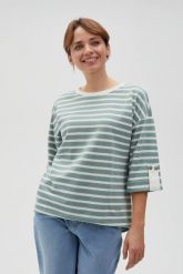 Bluza oversize w paski z szerokimi rękawami oliwkowa. Zielone bluzy MOODO, l, bez wzorów, z bawełny, bez kaptura. Za 99.99 zł.