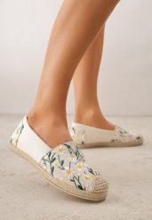 Beżowe Espadryle Ozdobione Kwiatowym Haftem i Plecionką Kiranth. Brązowe espadryle Renee, bez wzorów, z jeansu, bez obcasa, bez zapięcia. Za 69.99 zł.