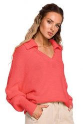 Luźny sweter z dekoltem V i kołnierzykiem brzoskwiniowy. Pomarańczowe swetry MOE, m, bez wzorów, z jeansu, bez ramiączek. Za 259.00 zł.
