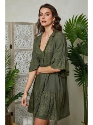 Lin Passion Lniana sukienka w kolorze khaki rozmiar: 40/42. Brązowe sukienki Lin Passion, bez wzorów, ze lnu, klasyczne, bez kołnierzyka, bez ramiączek, mini. Za 206.42 zł.