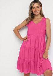 Fuksjowa Rozkloszowana Sukienka z Bawełny na Ramiączkach Zasea. Czerwone sukienki Born2be, na co dzień, l, bez wzorów, z bawełny, eleganckie, bez kołnierzyka, bez ramiączek, midi, rozkloszowane. Za 39.99 zł.