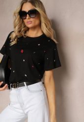 Czarny T-shirt z Cyrkoniami w Różnych Kolorach Varcia. Czarne t-shirty Renee, m, bez wzorów, z jeansu, bez kołnierzyka, bez ramiączek. Za 34.99 zł.