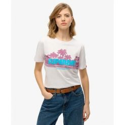 T-shirt casual w paski dla kobiet Superdry. Białe t-shirty Superdry, bez wzorów, bez kołnierzyka, bez ramiączek. W wyprzedaży za 151.95 zł.
