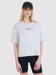 4F T-shirt oversize z nadrukiem damski - szary XS. Szare t-shirty 4f, xs, bez wzorów, z bawełny, bez kołnierzyka, bez ramiączek. W wyprzedaży za 29.99 zł.