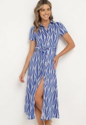 Niebieska Sukienka Koszulowa w Geometryczny Wzór Zapinana na Guziki z Materiałowym Paskiem Thilea. Niebieskie sukienki Born2be, do pracy, l, bez wzorów, z materiału, biznesowe, bez kołnierzyka, bez ramiączek, maxi, koszulowe. Za 169.99 zł.
