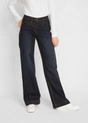 Jeansy wide leg, mid waist, z elastyczną wstawką w talii. Niebieskie jeansy bonprix, bez wzorów. Za 139.99 zł.