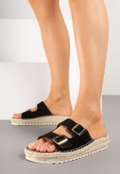 Czarne Klapki z Klamrami i Jutową Plecionką Karinn. Czarne klapki Renee, bez wzorów, bez obcasa, na platformie. Za 59.99 zł.