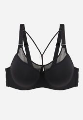 Czarny Biustonosz z Siateczkową Wstawką i Ozdobnymi Paskami przy Dekolcie Sabesa. Czarne biustonosze Renee, bez wzorów, z jeansu. Za 49.99 zł.