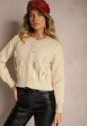Beżowy Wiskozowy Kardigan z Guzikami Perełkami Brokatem Tłoczeniem i Kuleczkami Harirani. Brązowe kardigany Renee, bez wzorów, z jeansu. Za 159.99 zł.