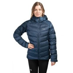 Kurtka trekkingowa puchowa damska Glaceon Pro Women. Niebieskie kurtki sportowe RAB, na zimę, bez wzorów, z puchu, z kapturem, rowerowe. Za 1,259.99 zł.