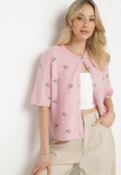 Różowy Sweter Kardigan z Krótkim Rękawem z Wiskozą w Ozdobny Print Korinelia. Czerwone kardigany Born2be, s, bez wzorów, z jeansu. Za 139.99 zł.