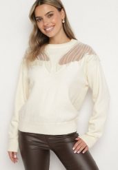 Jasnobeżowy Sweter z Siateczkowymi Wstawkami z Cekinami Perełkami i Koralikami Evoriana. Brązowe swetry Born2be, l, bez wzorów, z jeansu, bez ramiączek. Za 129.99 zł.