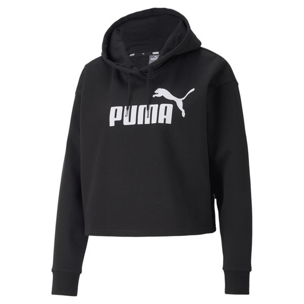 Damska bluza o skróconym kroju z kapturem z logo Essentials PUMA Black. Czarne bluzy Puma, na zimę, l, bez wzorów, z kapturem. W wyprzedaży za 166.40 zł.