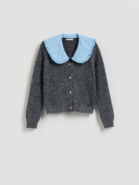 Kardigan z kołnierzykiem - szary. Szare kardigany Reserved, l, bez wzorów, z dzianiny. W wyprzedaży za 89.99 zł.