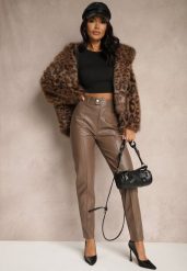 Brązowe Spodnie o Kroju Slim High Waist z Imitacji Skóry Iritharia. Brązowe spodnie materiałowe Renee, na co dzień, s, bez wzorów, z jeansu, z podwyższonym stanem. Za 79.99 zł.