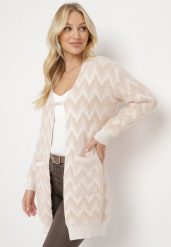 Beżowy Niezapinany Kardigan Przed Kolano w Paski Chevron Afesura. Brązowe kardigany Born2be, bez wzorów, z dzianiny. Za 99.99 zł.