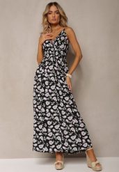 Czarna Bawełniana Sukienka na Cienkich Ramiączkach w Kwiecisty Wzór o Rozkloszowanym Fasonie Rosaq. Czarne sukienki Renee, na imprezę, l, bez wzorów, z bawełny, eleganckie, bez kołnierzyka, bez ramiączek, maxi, rozkloszowane. Za 59.99 zł.