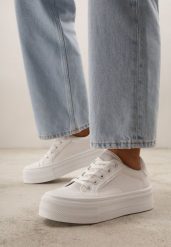 Białe Klasyczne Trampki na Grubej Podeszwie Araenes. Białe trampki Born2be, bez wzorów, z jeansu, bez zapięcia. Za 74.99 zł.