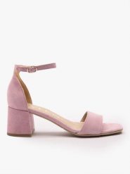 Jasnoróżowe sandały na obcasie. Czerwone sandały Ryłko, bez wzorów, ze skóry, eleganckie, bez obcasa, na obcasie, bez zapięcia. Za 399.99 zł.