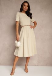 Beżowa Sukienka Rozkloszowana o Taliowanym Fasonie Telaswena. Brązowe sukienki Renee, na co dzień, m, bez wzorów, eleganckie, bez kołnierzyka, bez ramiączek, midi, rozkloszowane. Za 79.99 zł.