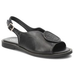 Sandały damskie Filippo, cholewka ze skóry ekologicznej na płaskiej podeszwie z elegancką broszką, czarne, DS6229/26. Czarne sandały Filippo, z aplikacjami, ze skóry ekologicznej, eleganckie, bez obcasa, na płaskiej podeszwie, bez zapięcia. Za 129.00 zł.